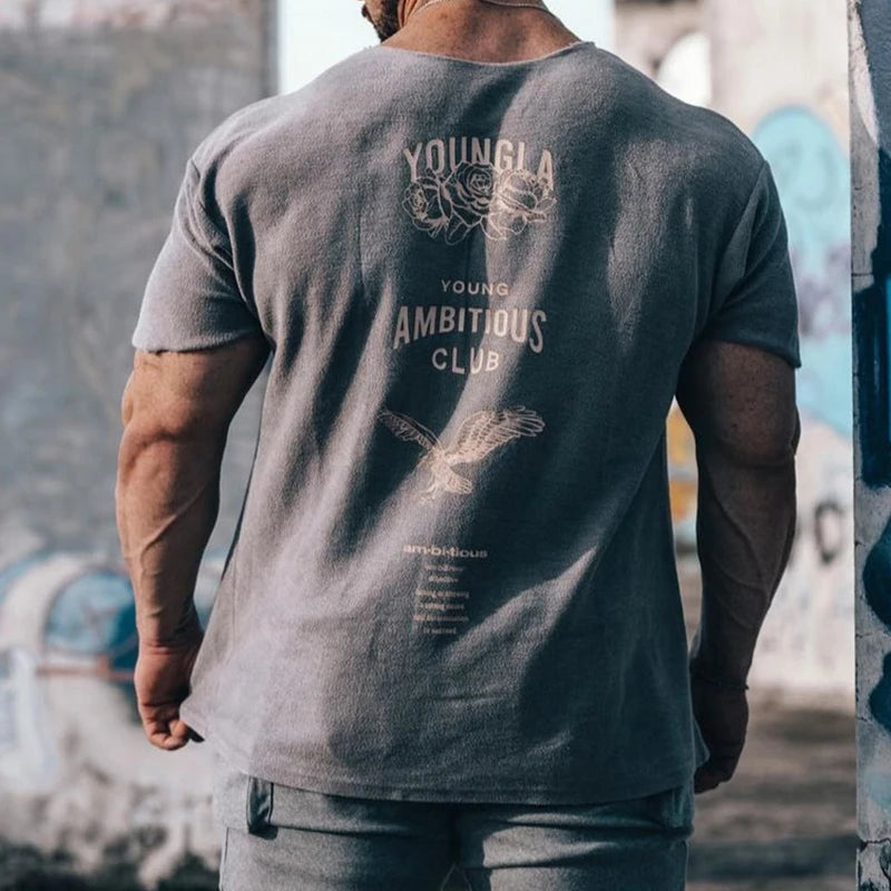 YA Men's Oversized T-shirt Ragged Fashion Casual Mens Clothing Short Sleeve Cotton Round Neck Printed T-shirt Training Clothing