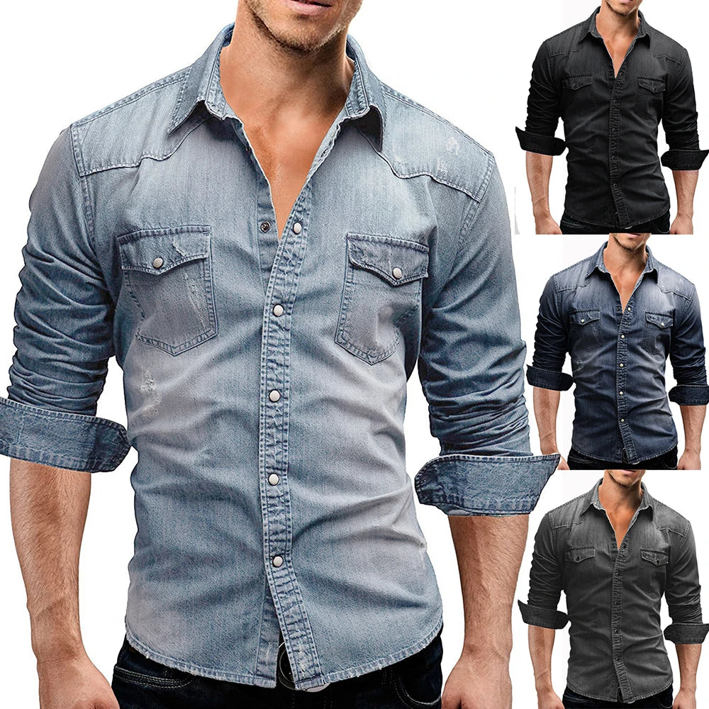 Brand Clothing 2022 Men Denim Shirt Mens Long Sleeve Soft Cotton Slim TShirts Male  Elastic Jeans Cowboy TShirt M-XXXL