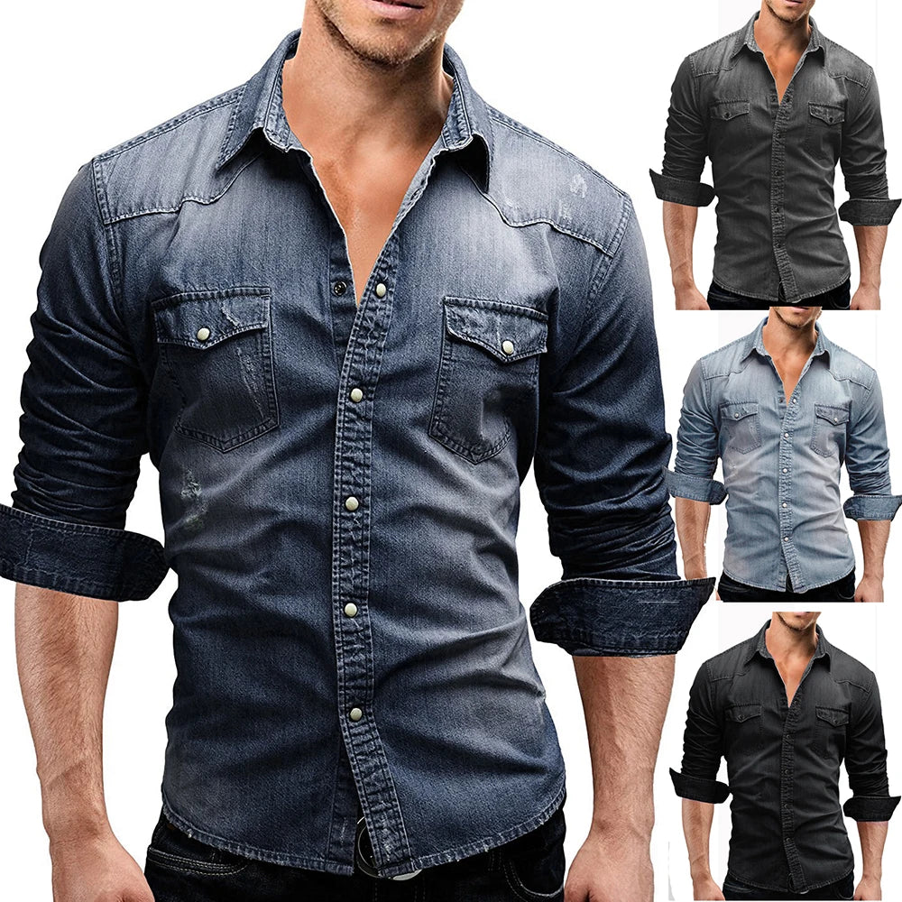 Brand Clothing 2022 Men Denim Shirt Mens Long Sleeve Soft Cotton Slim TShirts Male  Elastic Jeans Cowboy TShirt M-XXXL