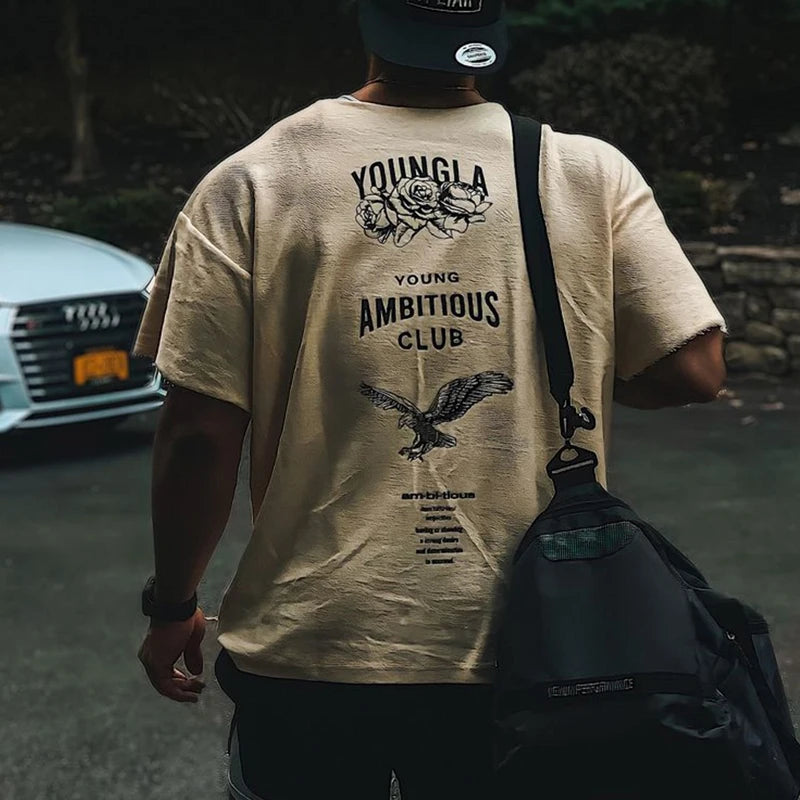 YA Men's Oversized T-shirt Ragged Fashion Casual Mens Clothing Short Sleeve Cotton Round Neck Printed T-shirt Training Clothing
