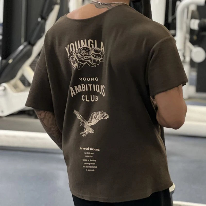 YA Men's Oversized T-shirt Ragged Fashion Casual Mens Clothing Short Sleeve Cotton Round Neck Printed T-shirt Training Clothing