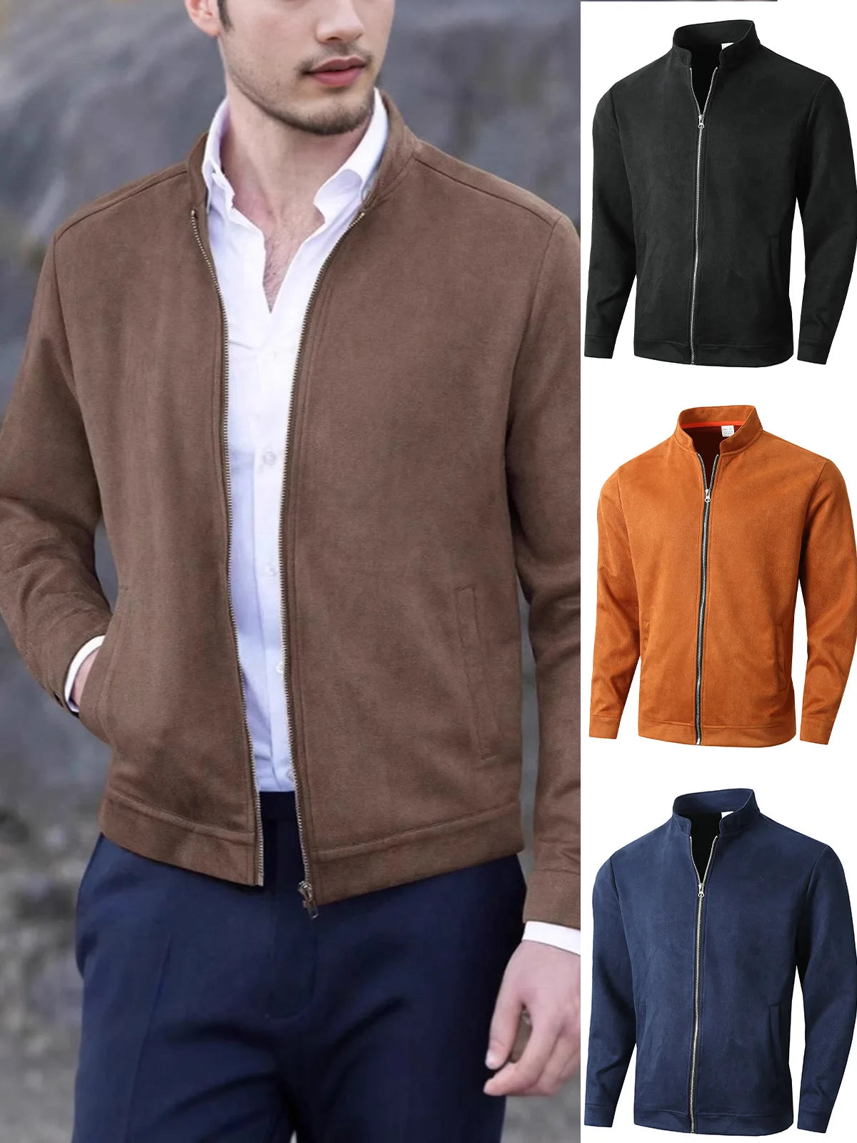 Autumn Winter New Style Slim Fit Round Neck Long Sleeves Stand Collar Cardigan Casual Jacket Men
