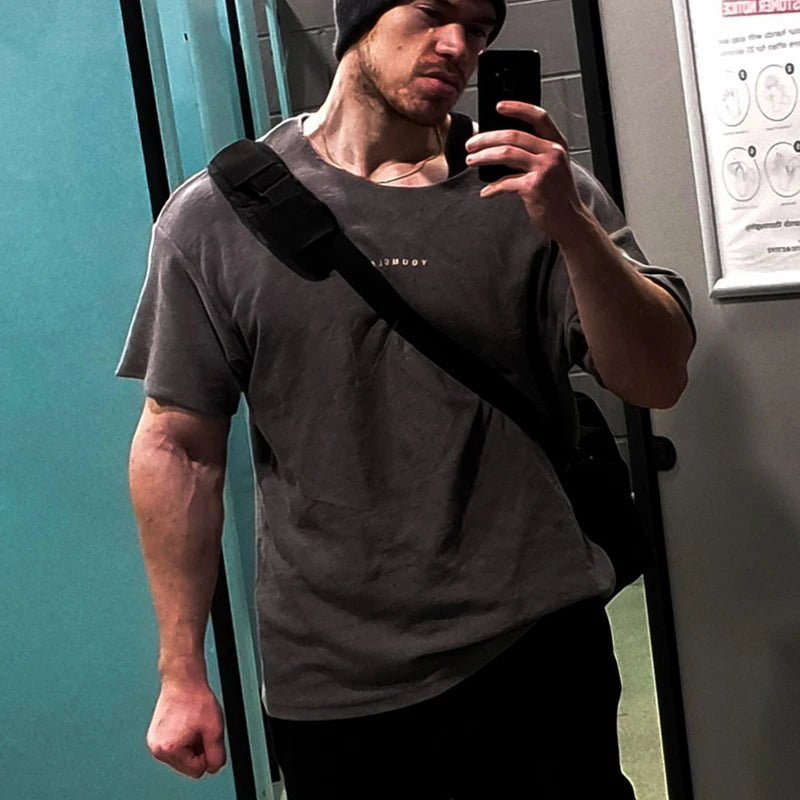 YA Men's Oversized T-shirt Ragged Fashion Casual Mens Clothing Short Sleeve Cotton Round Neck Printed T-shirt Training Clothing