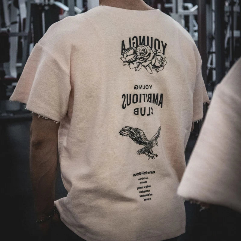 YA Men's Oversized T-shirt Ragged Fashion Casual Mens Clothing Short Sleeve Cotton Round Neck Printed T-shirt Training Clothing