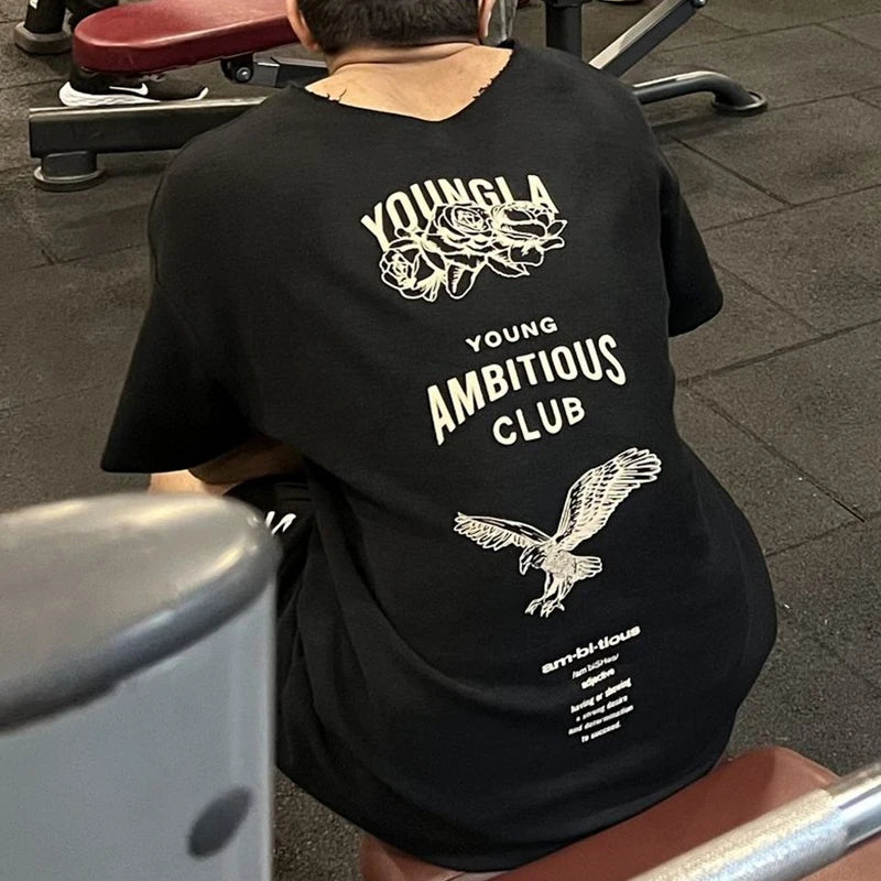 YA Men's Oversized T-shirt Ragged Fashion Casual Mens Clothing Short Sleeve Cotton Round Neck Printed T-shirt Training Clothing