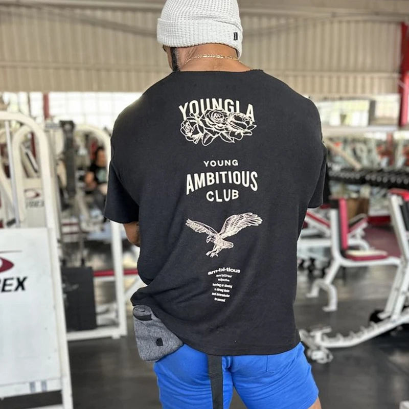 YA Men's Oversized T-shirt Ragged Fashion Casual Mens Clothing Short Sleeve Cotton Round Neck Printed T-shirt Training Clothing