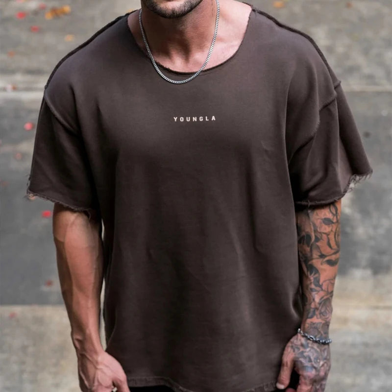YA Men's Oversized T-shirt Ragged Fashion Casual Mens Clothing Short Sleeve Cotton Round Neck Printed T-shirt Training Clothing